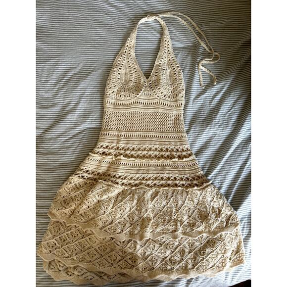 Moda International Cream Crochet Halter Dress Size M - Picture 2 of 7